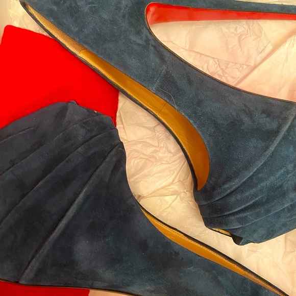 Christian Louboutin Drapesse 160 Suede Teal Peep Toe Heels